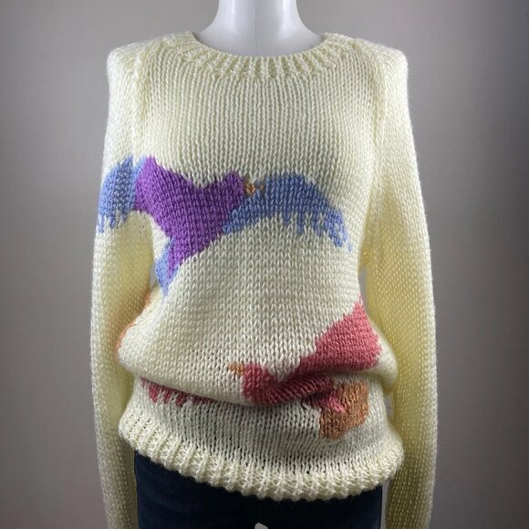 Huk A Poo Vintage Crewneck Sweater Bird Print Chunky Knit Retro Fit Small Tunic - Picture 1 of 9